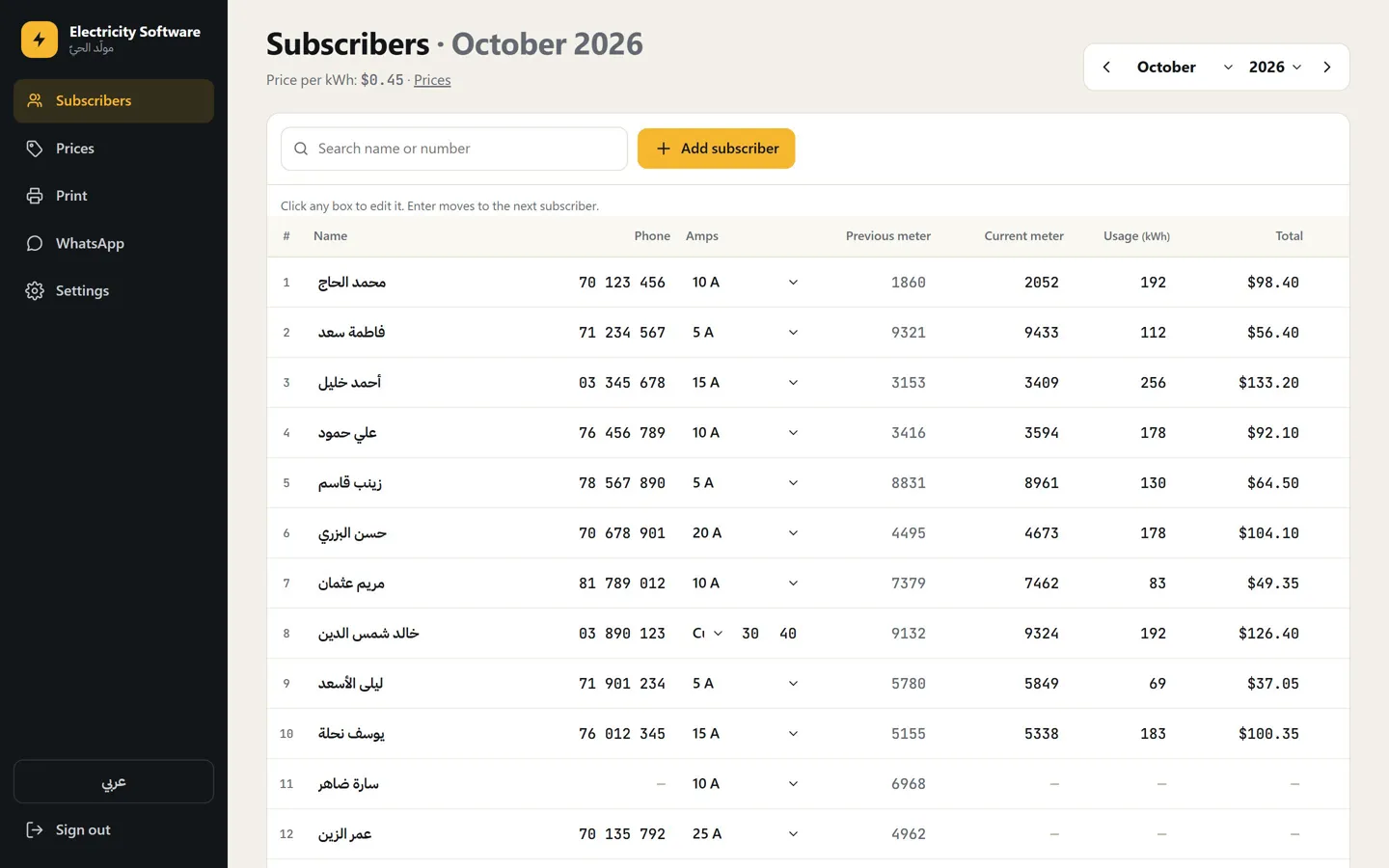 Electricity Software: a table of subscribers with meter readings, usage and totals