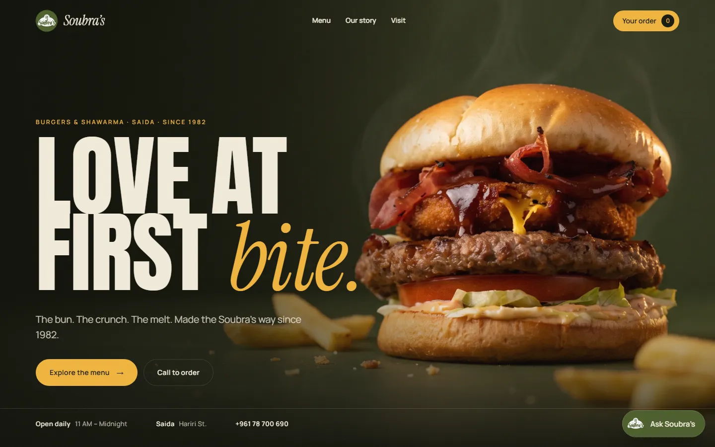 Soubra’s website: a burger photo next to the headline Love at first bite