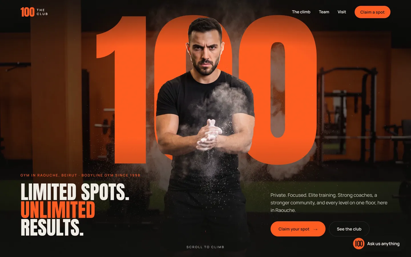 The 100 Club website: an athlete in front of a giant orange 100